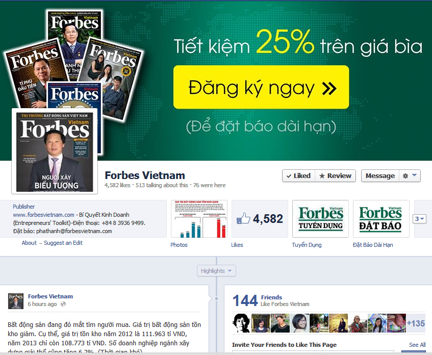 Trang chủ Facebook của tạp chí Forbes Việt Nam dùng như cầu nối giữa độc giả-tòa soạn, và cũng là 1 công cụ tiếp thị hữu ích.